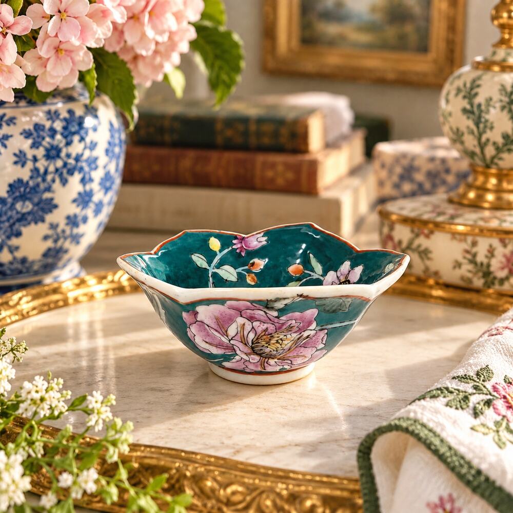 Toyo Teal Floral Bee Hand Painted Porcelain Scalloped Bowl Chinoiserie